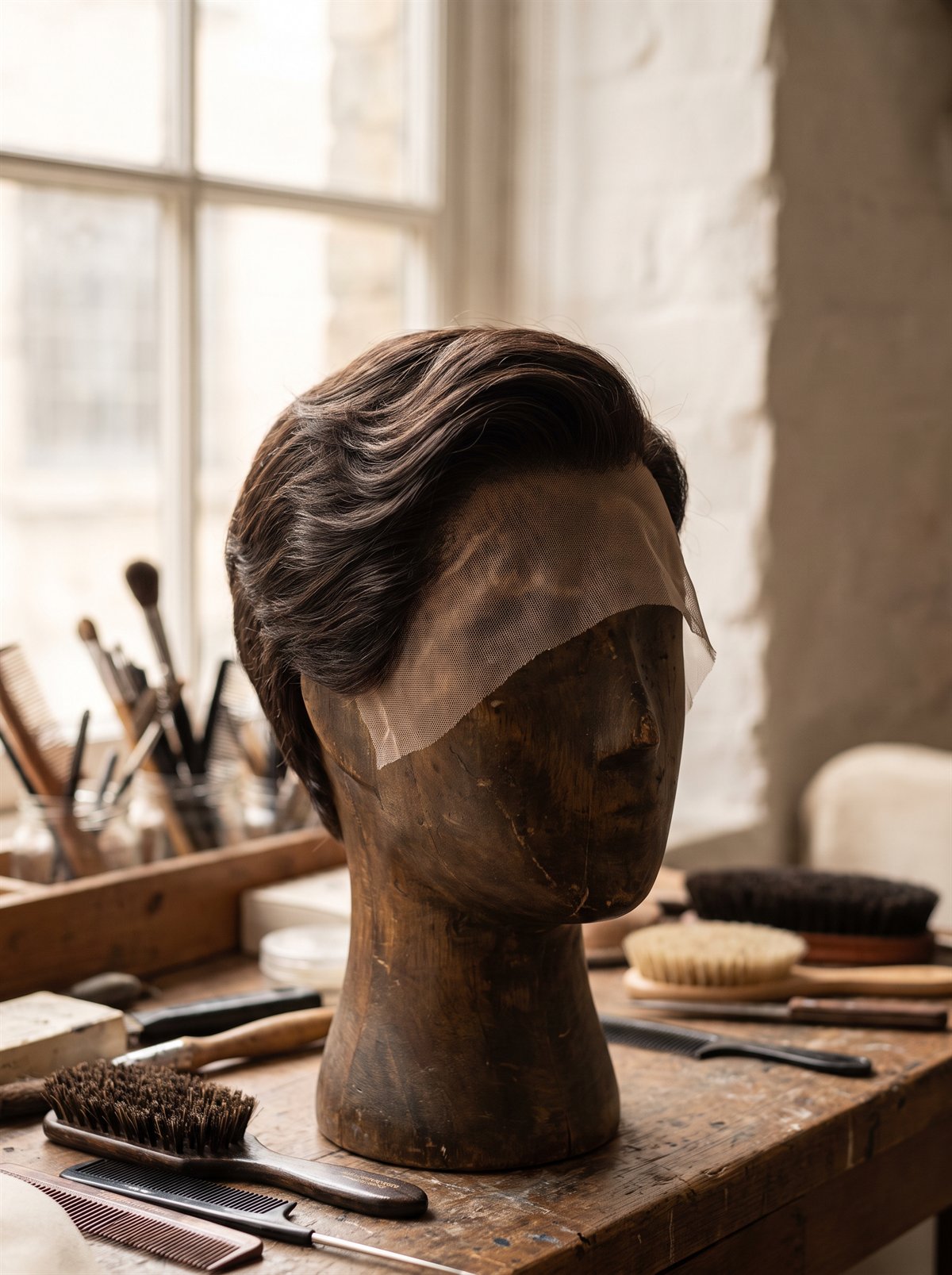A finished hair system resting on a wooden block head in the studio